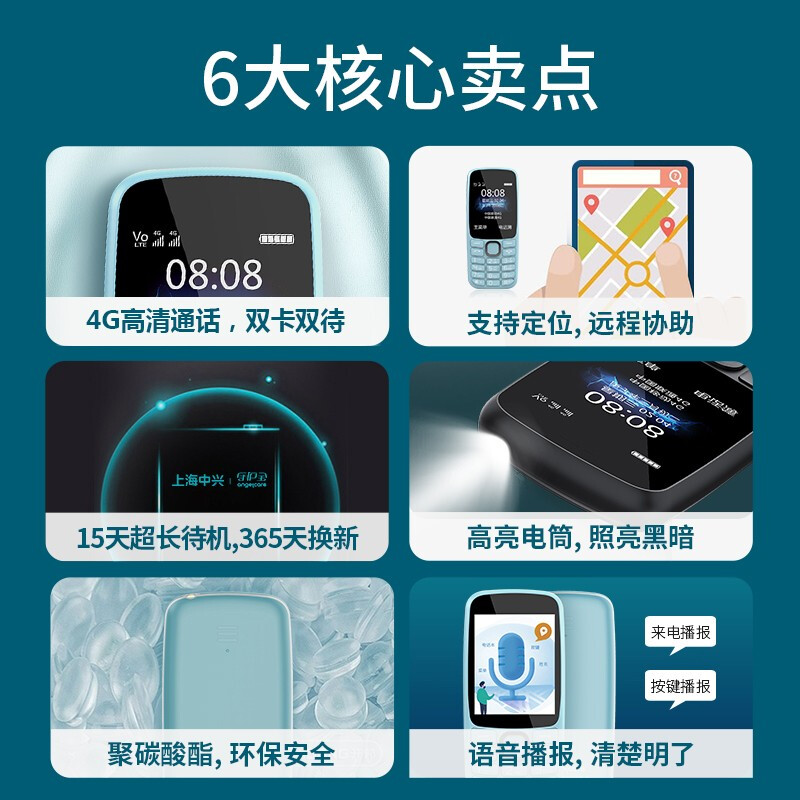 守护宝（上海中兴）K230 蓝色 4G全网通 老人手机 电信 直板按键儿童手机 老人机 学生手机 备用功能老年机