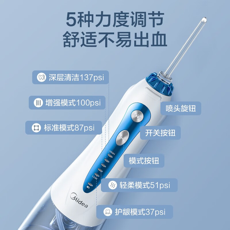 美的（Midea）冲牙器智能模式冲洗洁牙机/水牙线/洗牙器 非电动牙刷小蓝鲸MC-BJ0101 珍珠白