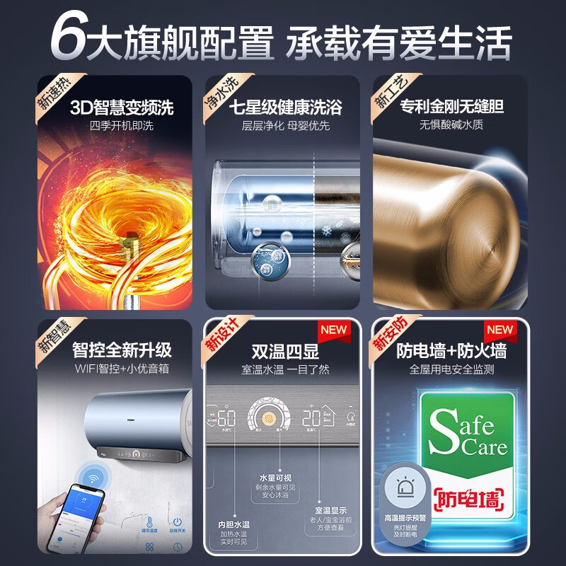 海尔（Haier）电热水器 3D速热一级能效 3300W家用变频 WiFi智能水量可视升级防电MV5 60升【3-4人】