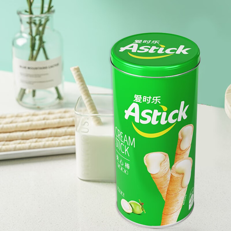 爱时乐(Astick) 椰香味夹心棒(注心饼干）蛋卷威化饼干休闲零食小吃 150g罐装（新老包装随机发货）