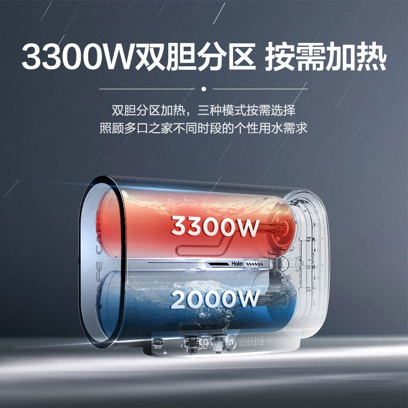 海爾（Haier）50升雙膽扁桶電熱水器 3300W瞬熱鎂棒免更換水質(zhì)監(jiān)測(cè)小尺寸Wifi智控 EC5003-HD3U1 *