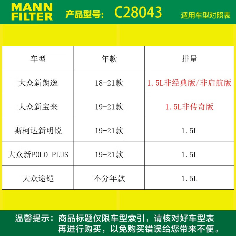 曼牌(MANNFILTER)空气滤清器/空气滤芯/空滤C28043适用1.5新朗逸PLUS新宝来新polo全新明锐