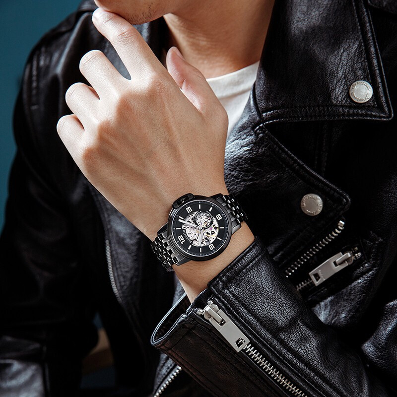 罗西尼(ROSSINI) 手表 勋章系列时尚自动机械男表镂空夜光黑盘黑色钢带 赠21mm黑皮礼盒517793B04D