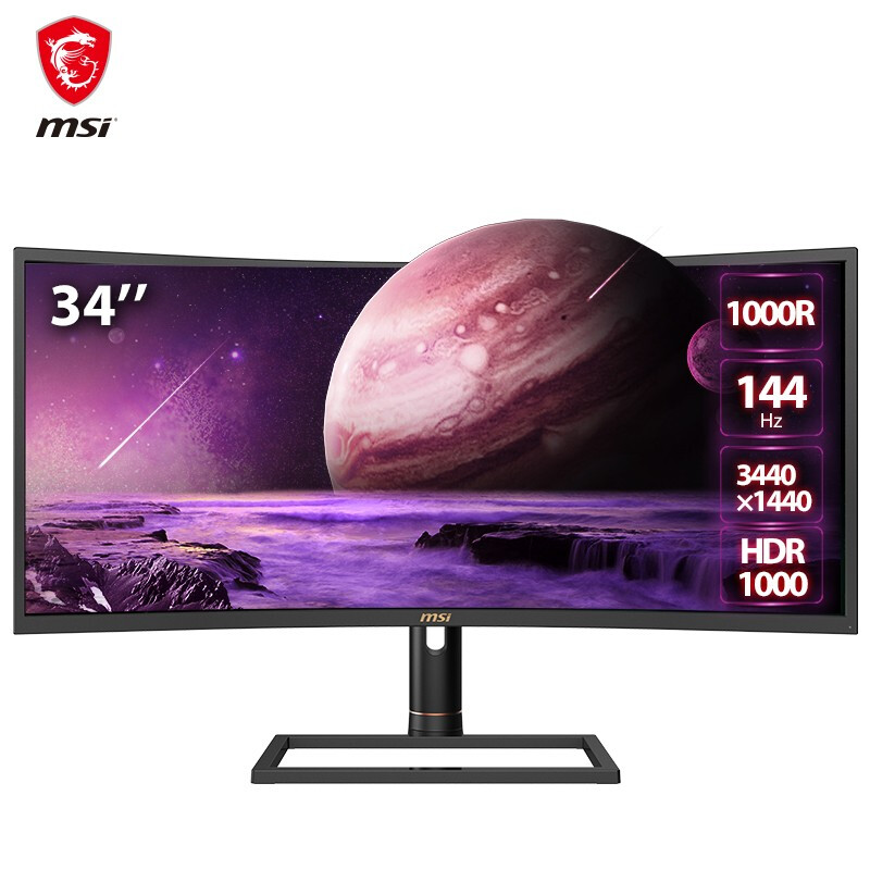 微星 MSI 34英寸 带鱼屏 电竞曲面显示器 144Hz 21:9 WQHD 1000R  HDR1000 旋转升降  PAG344CQR