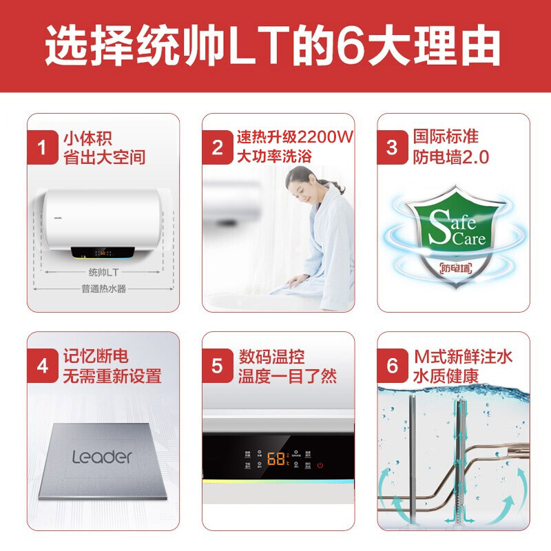 统帅热水器海尔出品电热50升/60升/80升 家用储水式节能保温 小体积租房优选卫生间小型洗澡器LT 60升【2-3人】