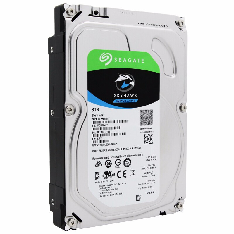 希捷(Seagate)监控硬盘3TB 64MB 5900转 SATA 垂直 机械 PMR CMR 希捷酷鹰SkyHawk ST3000VX010