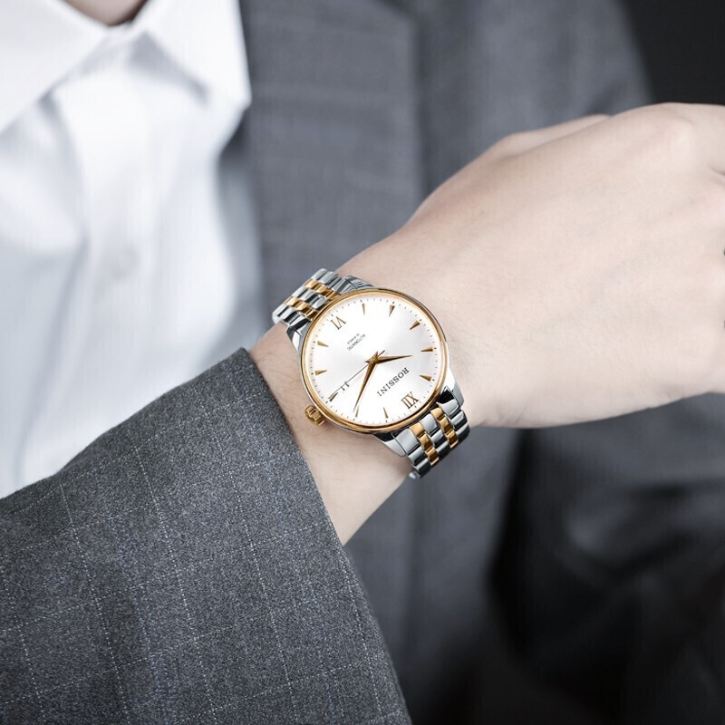 罗西尼(ROSSINI) 手表 启迪系列简约百搭自动机械男表日历白盘金色钢带517773T01E