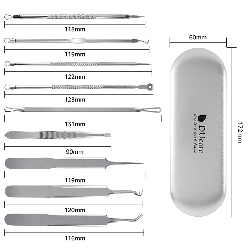 黛蔻（9件套）不銹鋼粉刺針套裝擠痘挑痘痘黑頭美容院專用細胞夾去痘祛痘套裝工具 (盒裝)