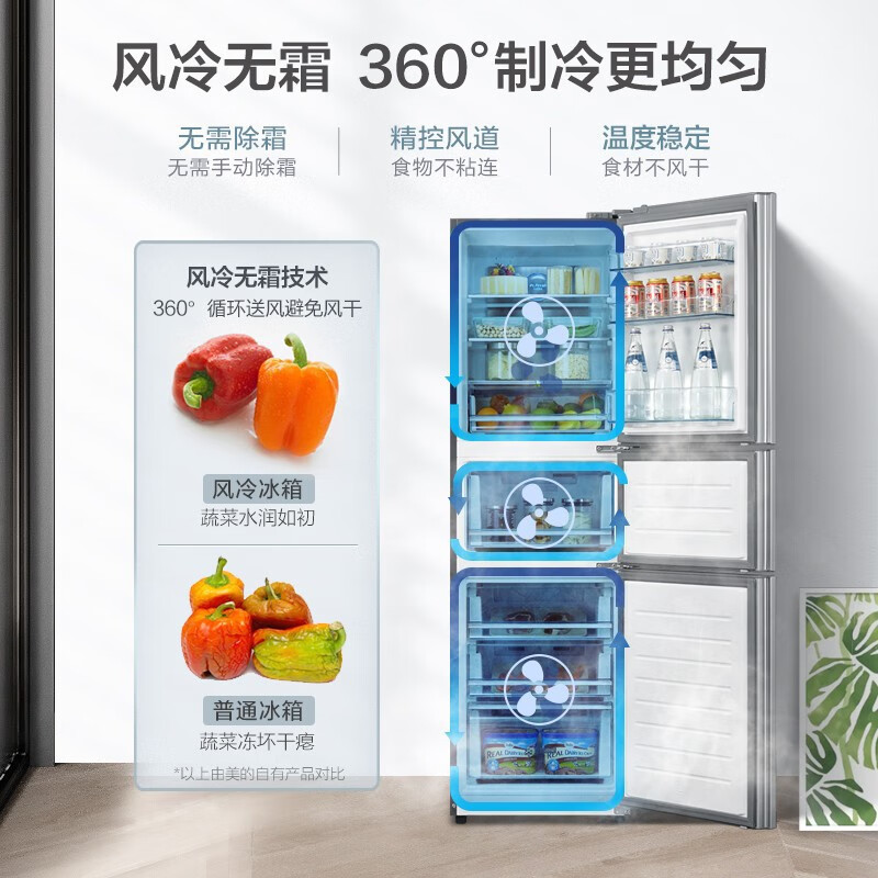 美的(Midea)260升 风冷无霜三门冰箱小型家用一级能效双变频冷藏冷冻省电节能环保保鲜  BCD-260WTPZM(E)