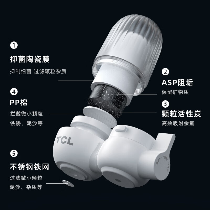 TCL净水器家用厨房直饮水龙头过滤器自来水前置滤水器净水机陶瓷滤芯可视化可清洗TT306一机一芯