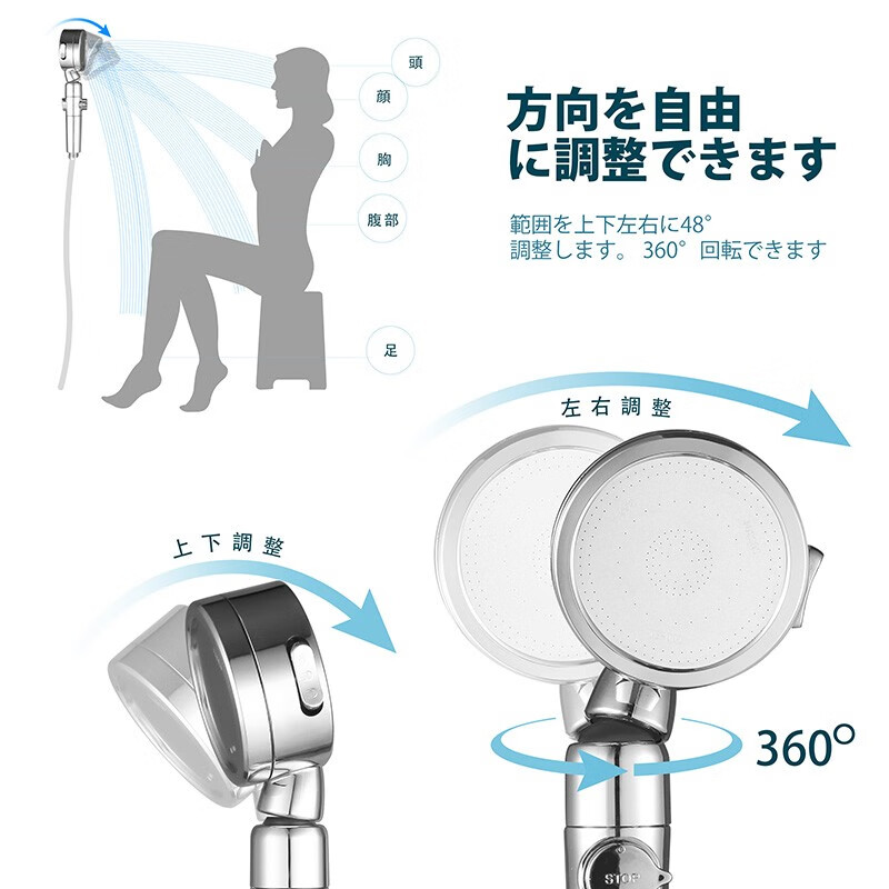 日本增压止水花洒喷头套装 三挡调节洗澡淋雨莲蓬头 三挡增压过滤透明款
