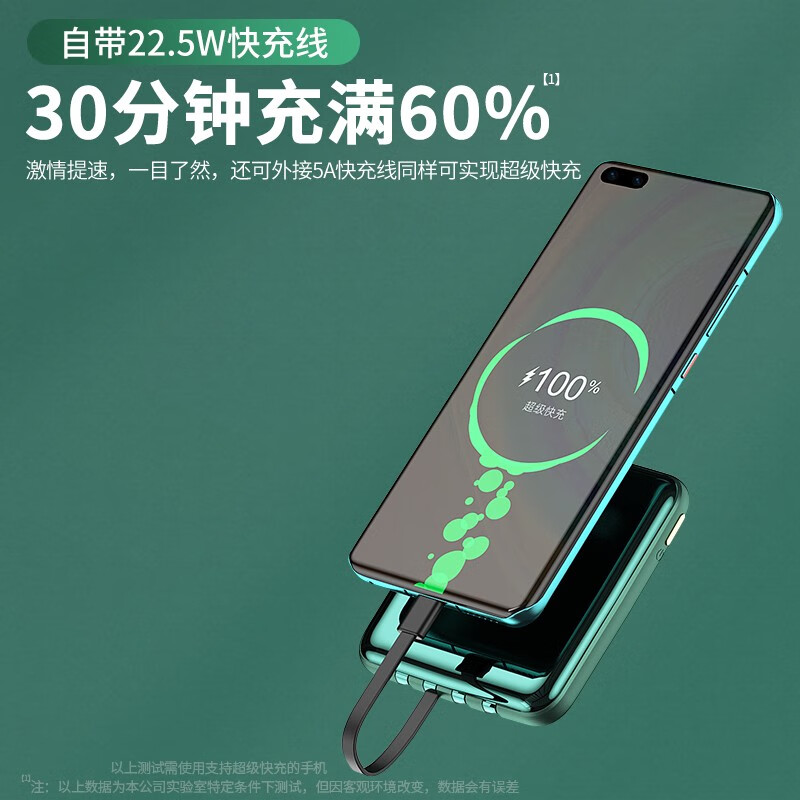 ZALO 充电宝10000毫安时自带四线PD22.5W超级快充超薄迷你大容量苹果安卓华为小米手机通用移动电源