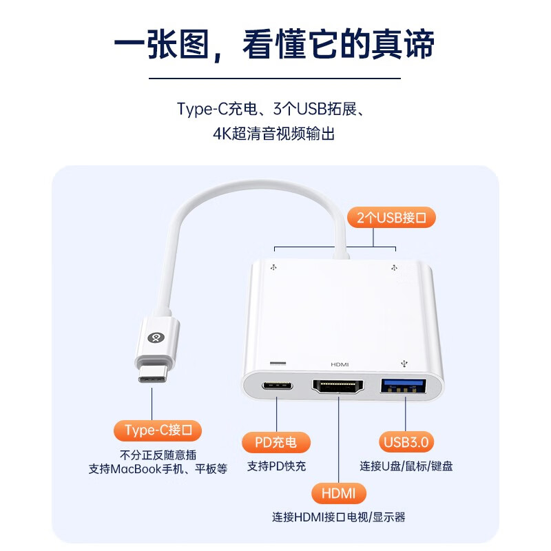 毕亚兹 Type-C扩展坞 USB-C转HDMI转接头 带供电 苹果MacBook华为电脑转换器笔记本拓展坞3口USB分线器 P29