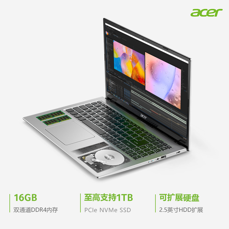 宏碁(Acer)新蜂鸟Fun 15.6英寸轻薄本 学生办公笔记本电脑(11代英特尔酷睿i5-1135G7 16G 512G MX350独显)银