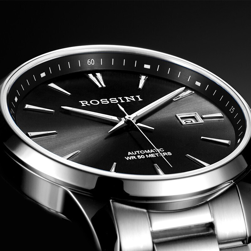 罗西尼(ROSSINI) 手表 启迪系列自动机械男表日历夜光黑盘钢带 赠20mm黑色表带519935W04C