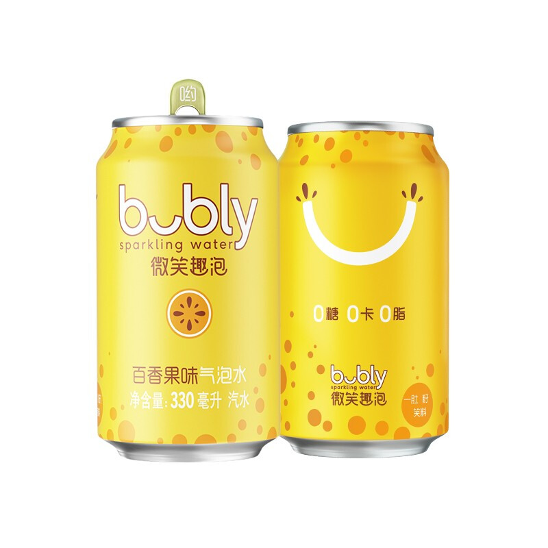 bubly微笑趣泡百香果味气泡水汽水 无糖 0糖0卡0脂 330ml*12罐整箱 百事出品