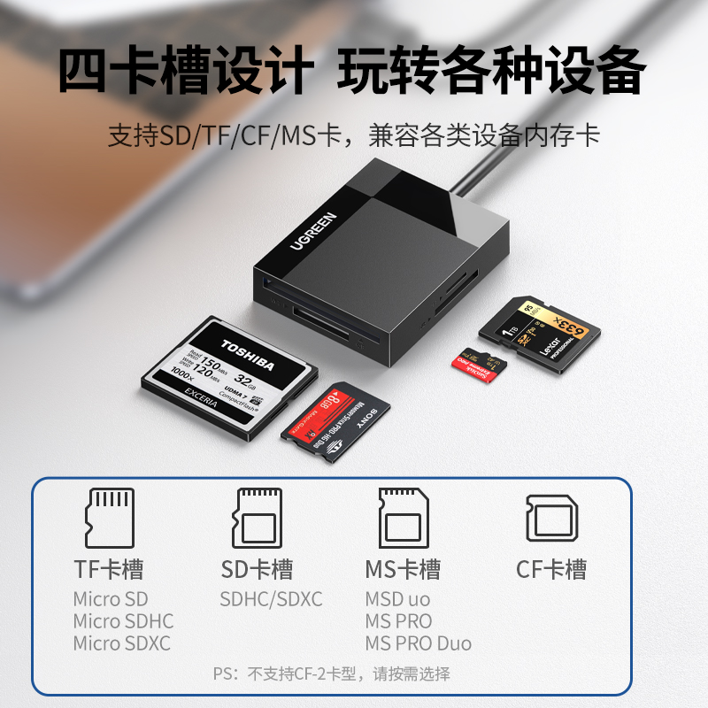 绿联 USB3.0高速读卡器 多功能四合一读卡器 支持SD/TF/CF/MS型相机记录仪监控手机平板储存卡 30231