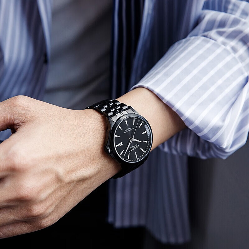 罗西尼(ROSSINI) 手表 启迪系列简约百搭自动机械男表日历夜光指针黑盘黑钢带 赠20.5mm黑色表带5200005B04C