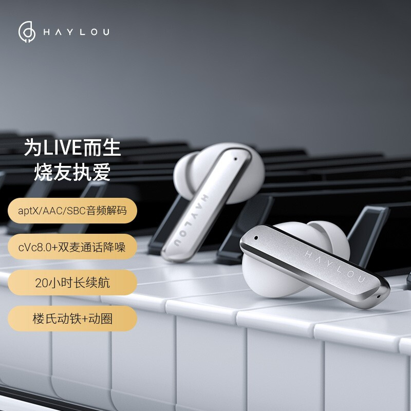 Haylou/嘿喽 W1 四单元圈铁真无线蓝牙耳机高通芯片3040蓝牙5.2适用小米华为苹果 钢琴白