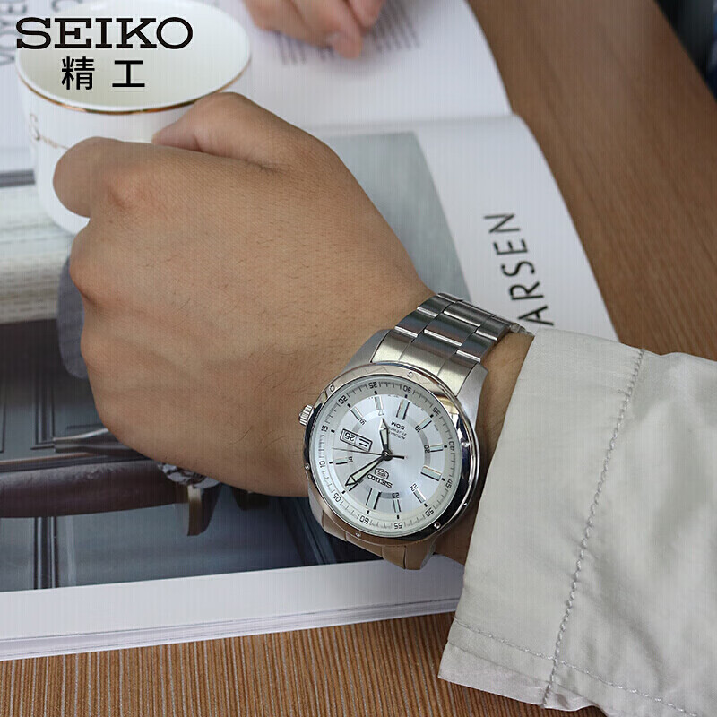 精工（SEIKO）手表 日本原装进口SEIKO5号系列白盘钢带避震双日历商务全自动机械男表SNKN09J1