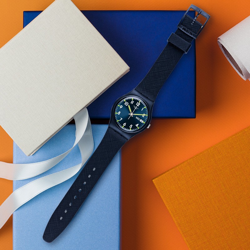 【新年礼物】斯沃琪（Swatch）瑞士手表 原创系列  绅士蓝 双历 时尚运动石英学生男女士腕表GN718