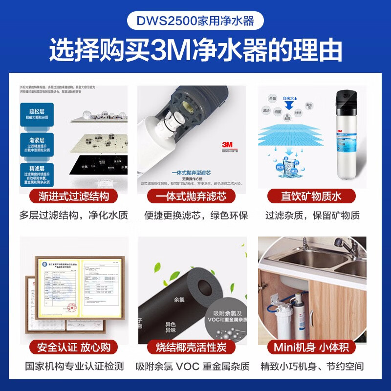 3M 凈享DWS 2500 CN型家用凈水器0廢水直飲礦物質(zhì)2.4升大流量凈水機(jī)