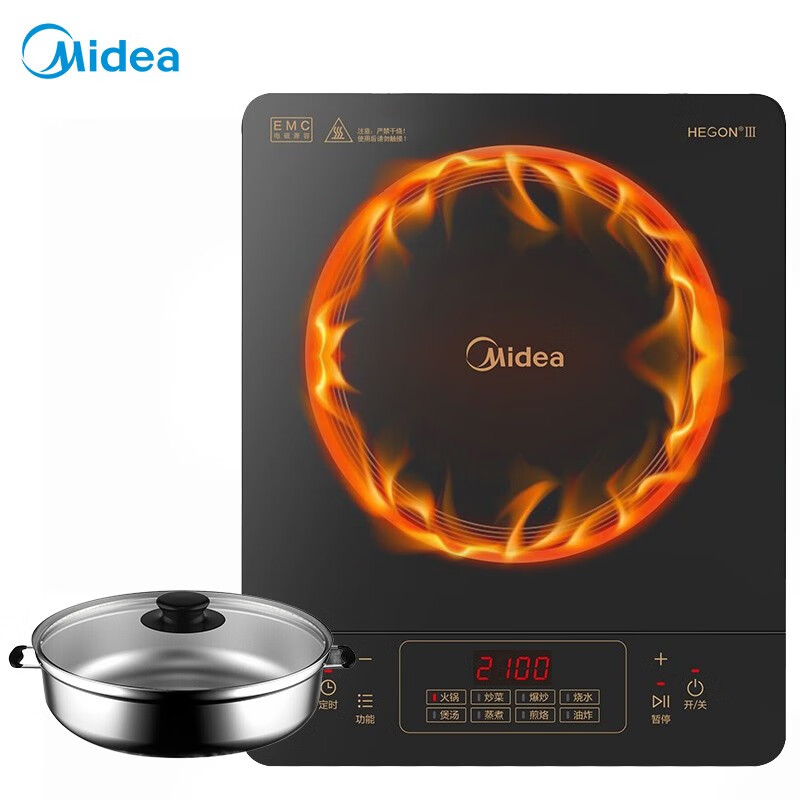 美的（Midea）电磁炉 大火力电池炉套装家用 4D防水 2100W大火力（带汤锅）  C21-Simple103