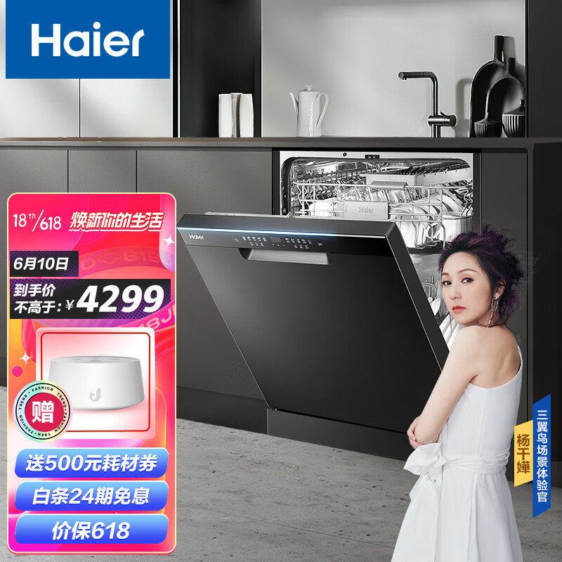 海尔（Haier）晶彩系列 独立式嵌入式 13套 智能开门速干 80℃双微蒸汽洗 上下分区洗 洗碗机EYW131286BKDU1