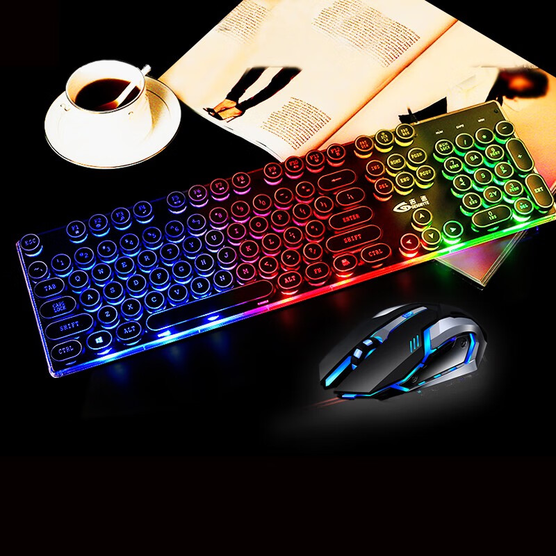 吉选（GESOBYTE）GX12 机械手感键盘鼠标套装 有线鼠标键盘套装 游戏键鼠套装 复古朋克键帽 彩虹背光 黑色