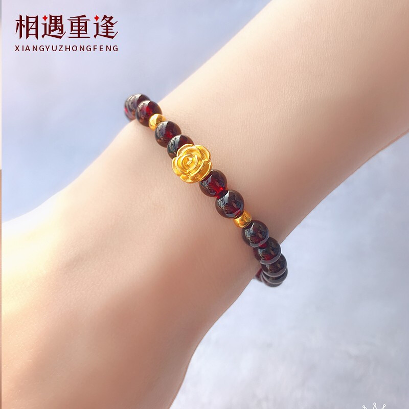 对比相遇重逢足金黄金手链女玫瑰花转运珠翡翠玉手串送女友老质量怎么
