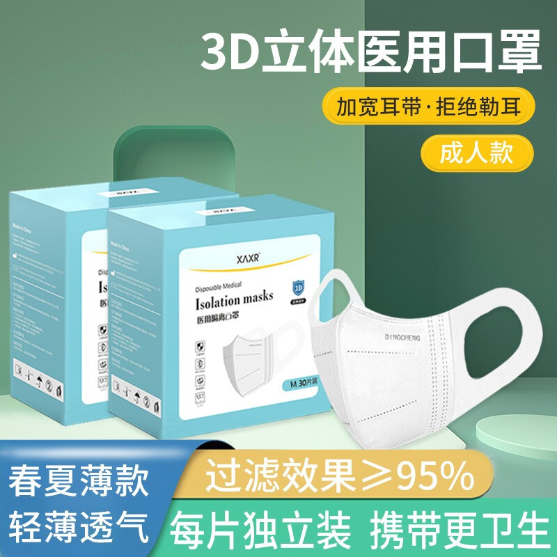 XAXR 一次性口罩医用白色3d口罩立体医用隔离面罩三层防护加宽耳带不勒耳夏潮款轻薄透气网红男女专用 60只独立装-V型显瘦不花妆【宽耳带透气不闷热】