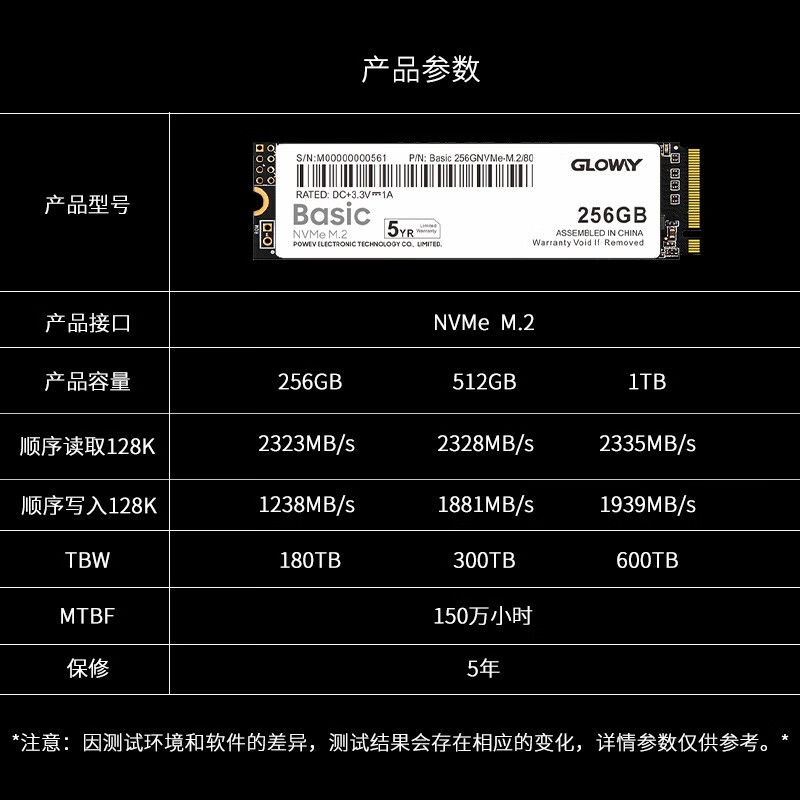 光威（Gloway）256GB SSD固态硬盘 M.2接口(NVMe协议) Basic系列-基础版/五年质保