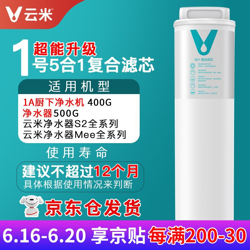 云米净水器1A滤芯500G/400G小米1A厨下式1号三合一复合滤芯2号RO反渗透 小米净水器适配 三合一滤芯升级款（适用500G/1A厨下式）