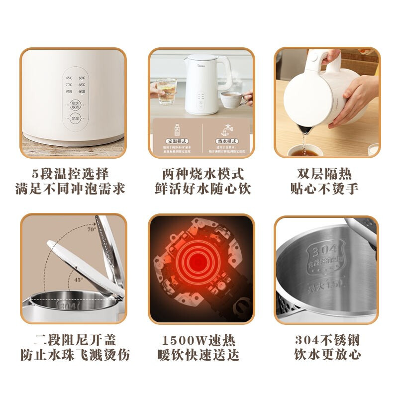 美的（Midea）電水壺?zé)崴畨責(zé)畨亻_水壺304不銹鋼1.5L側(cè)顯溫度智能斷電SH15X301