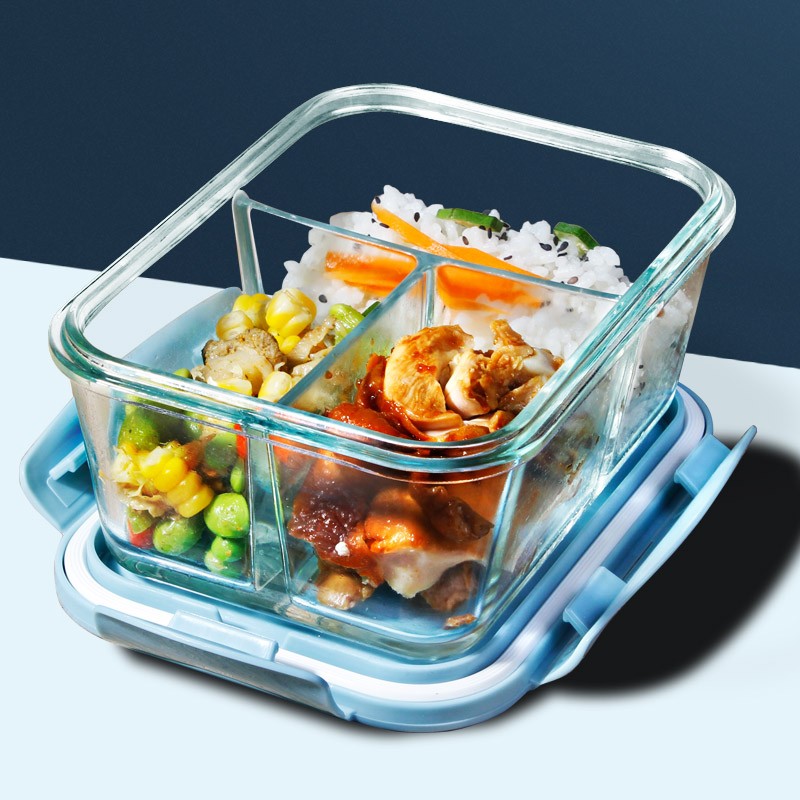 创得 耐热玻璃保鲜盒 加高微波炉专用加热饭盒 冰箱收纳带盖密封分隔储物便当碗餐盒 北欧蓝加高3分隔1020ml