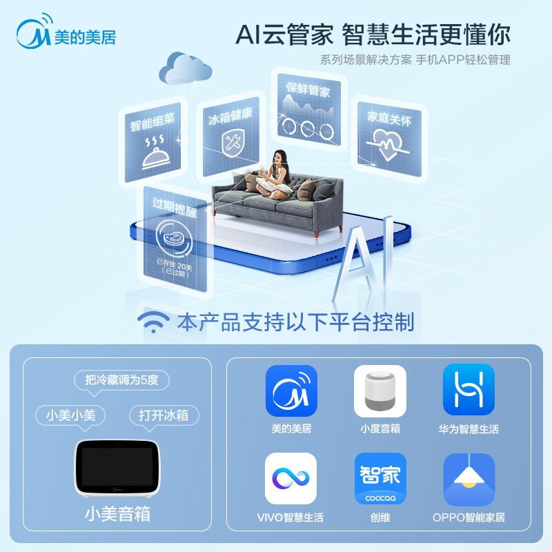 美的(Midea)468升變頻十字雙開門家用冰箱京東小家智能家電風冷無霜BCD-468WTPM(E)纖薄機身不占地