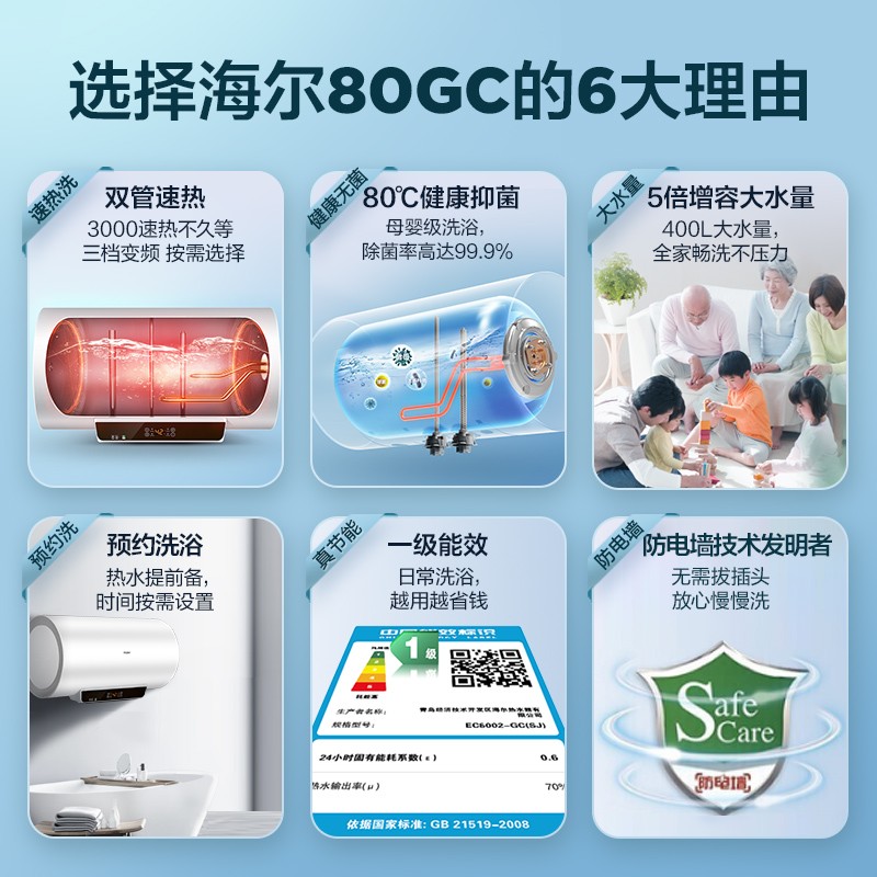 海尔（Haier）安心浴80升电热水器3000W双管变频速热健康灭菌一级能效专利安全防电墙EC8002-GC(SJ)