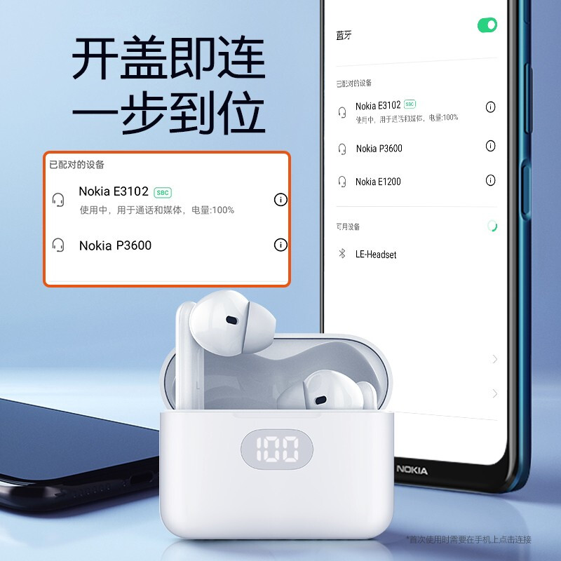 诺基亚（NOKIA） E3102 真无线蓝牙耳机迷你半入耳式音乐耳机蓝调小萌星运动跑步蓝牙5.1节奏白
