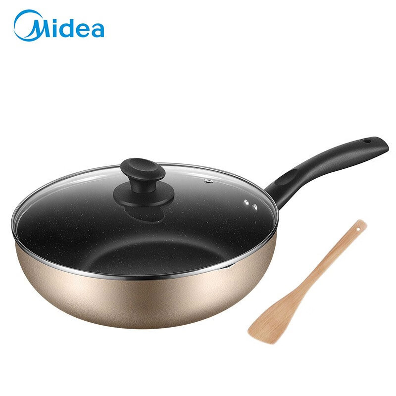 美的（Midea）喆物典雅金麥飯石色涂層不粘炒鍋家用電磁爐煤氣灶適用炒菜鍋平底煎鍋送竹鏟 香檳金28WOK302