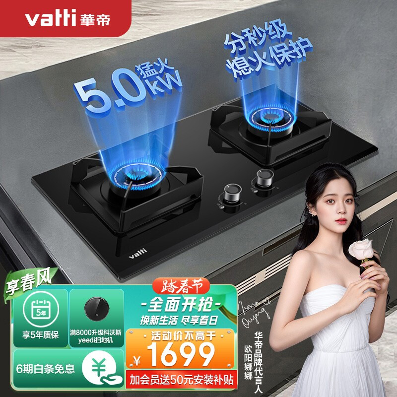 华帝（VATTI）JZT-i10060B （天然气）燃气灶 家用嵌入式 双灶台打火灶具 5.0kW猛火灶  炉头可拆洗