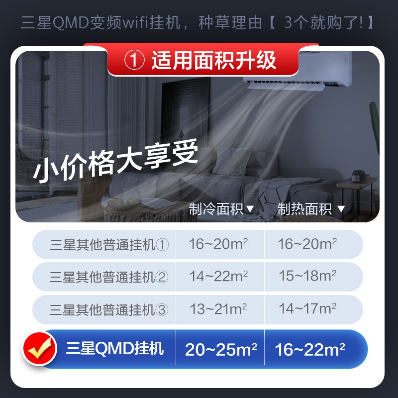 三星(SAMSUNG)1.5匹新能效 全直流变频智能WiFi 快速冷暖除湿 壁挂式家用空调挂机 AR12TSFYAWKNSC 以旧换新