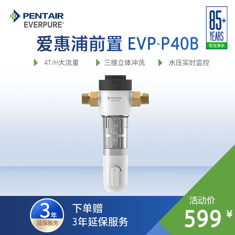 爱惠浦 Everpure 家用中央前置过滤器 40微米反冲洗 4T/H大通量 全屋管道净水器 压力表监控 EVP-P40B