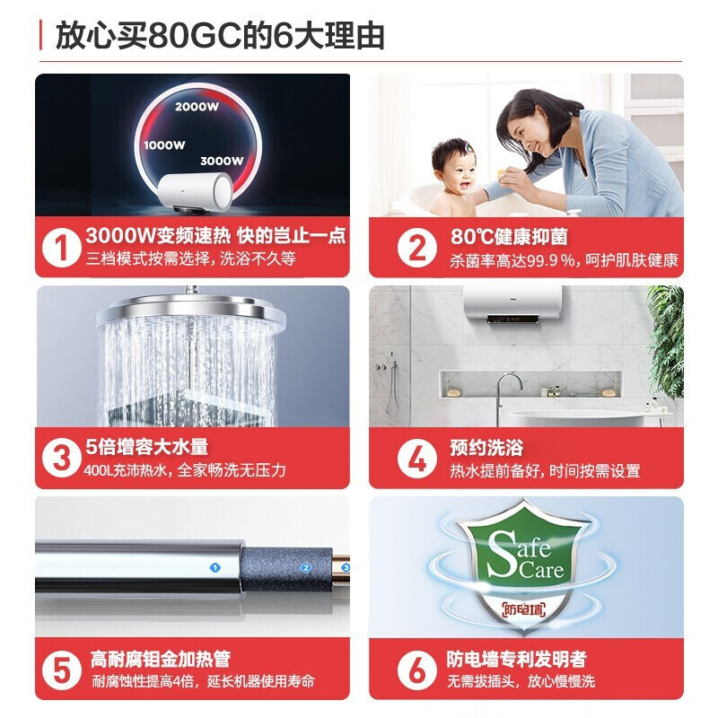 海尔（Haier）安心浴80升电热水器3000W双管变频速热健康灭菌一级能效专利安全防电墙EC8002-GC(SJ)