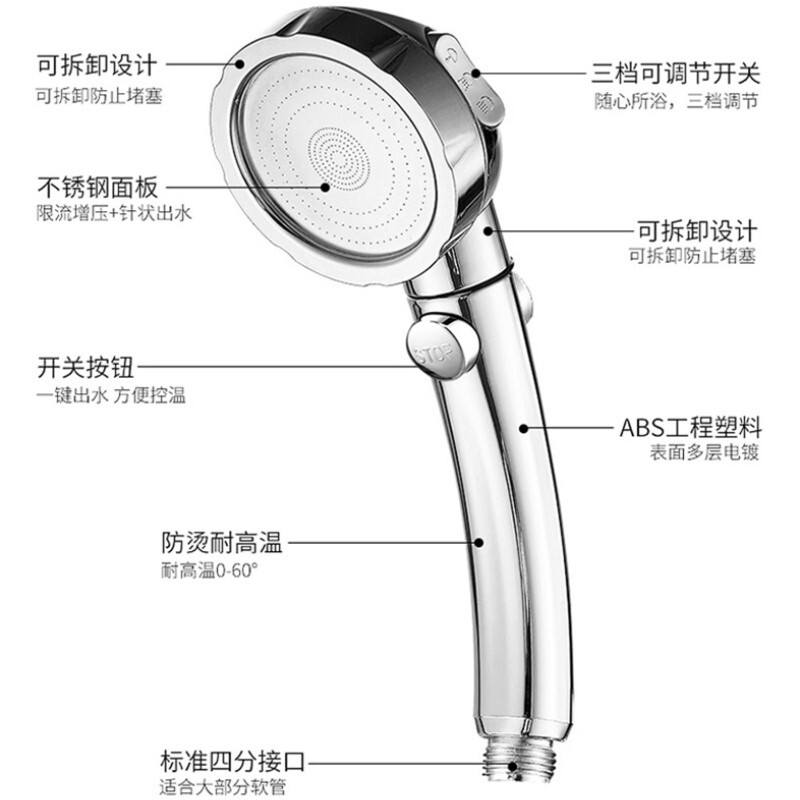 長虹（CHANGHONG）增壓花灑淋浴噴頭套裝 沐浴蓮蓬單頭手握淋浴花灑洗澡噴頭軟管配件衛(wèi)浴三件套