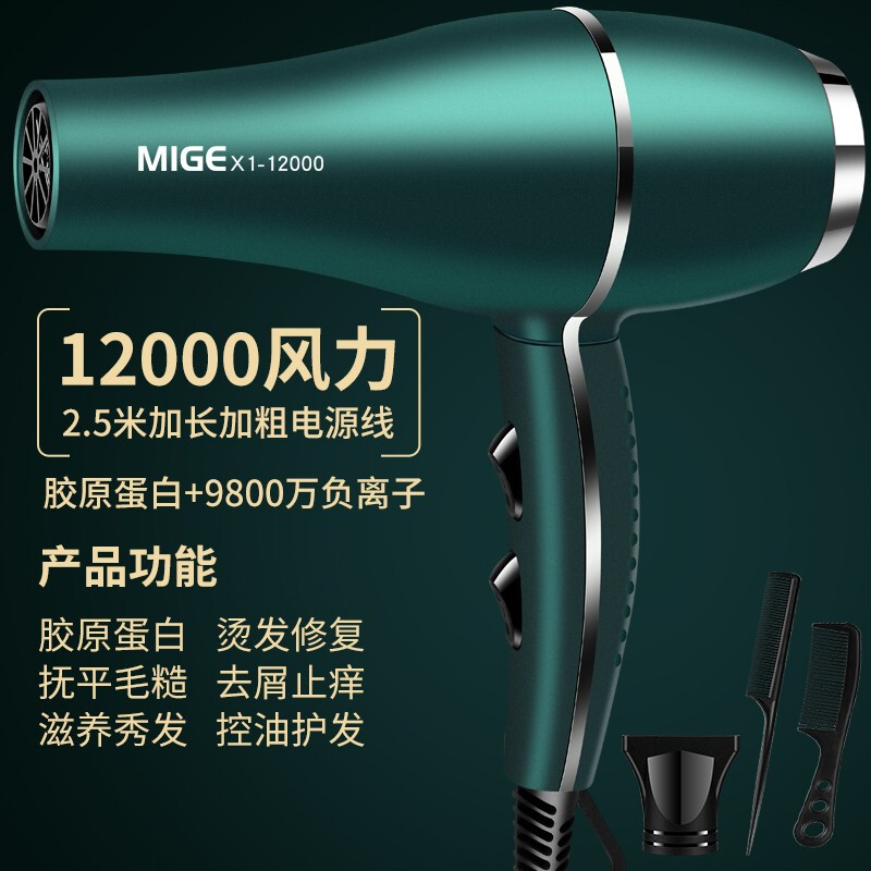 米格(MIGE) 德國進口吹風(fēng)機家用速干理發(fā)店專用大功率3000W負離子護發(fā)宿舍 翡翠綠【12000大風(fēng)送三】