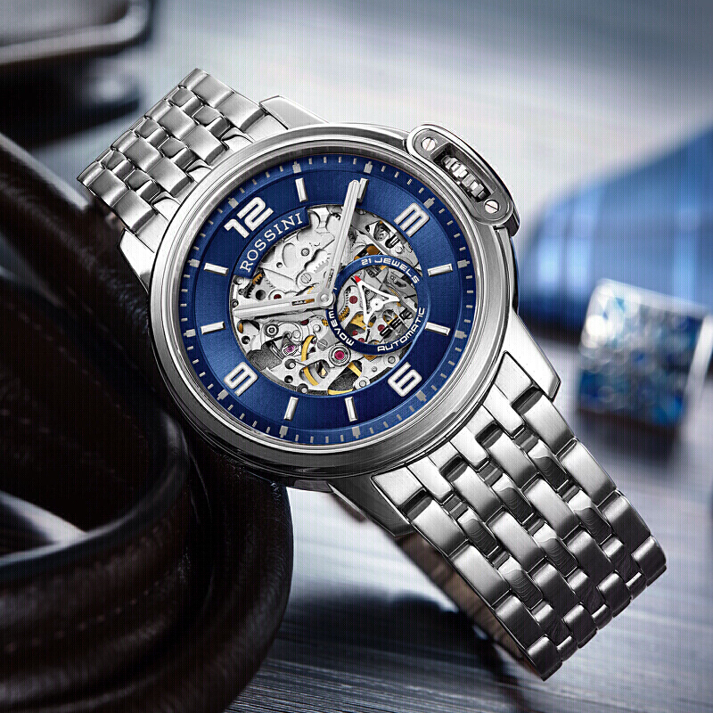 罗西尼(ROSSINI) 手表 勋章系列时尚自动机械男表镂空夜光罗西尼蓝盘钢带 赠21mm蓝皮礼盒517793W05J