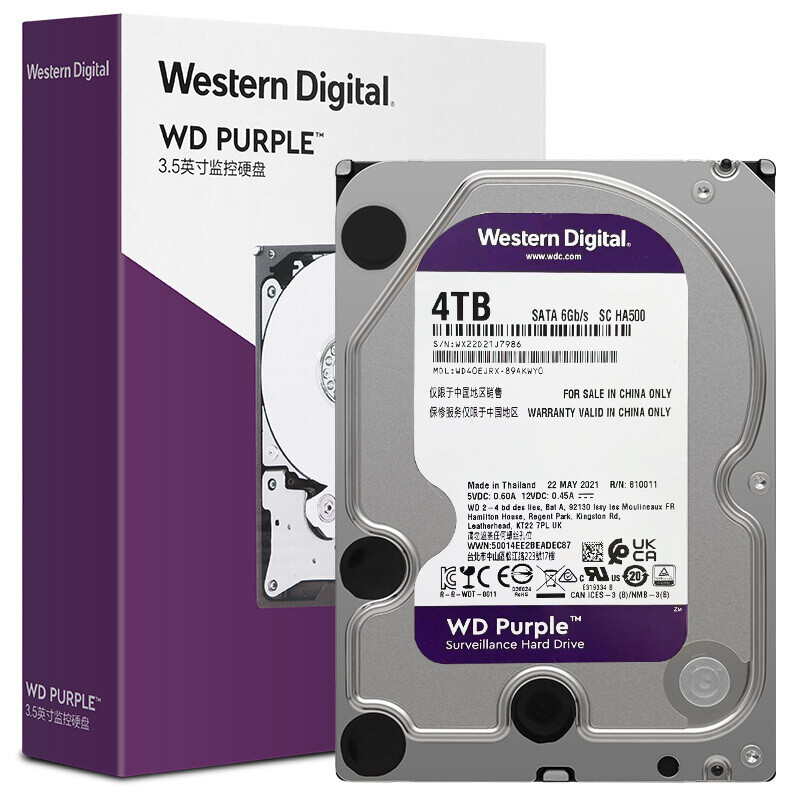 西部数据(WD)紫盘 4TB SATA6Gb/s 64M 监控硬盘(WD40EJRX)