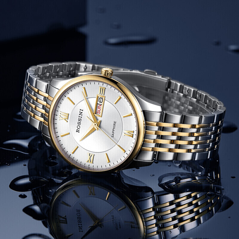 罗西尼(ROSSINI) 手表 启迪系列经典石英男表双日历白盘间金色钢带618573T01H