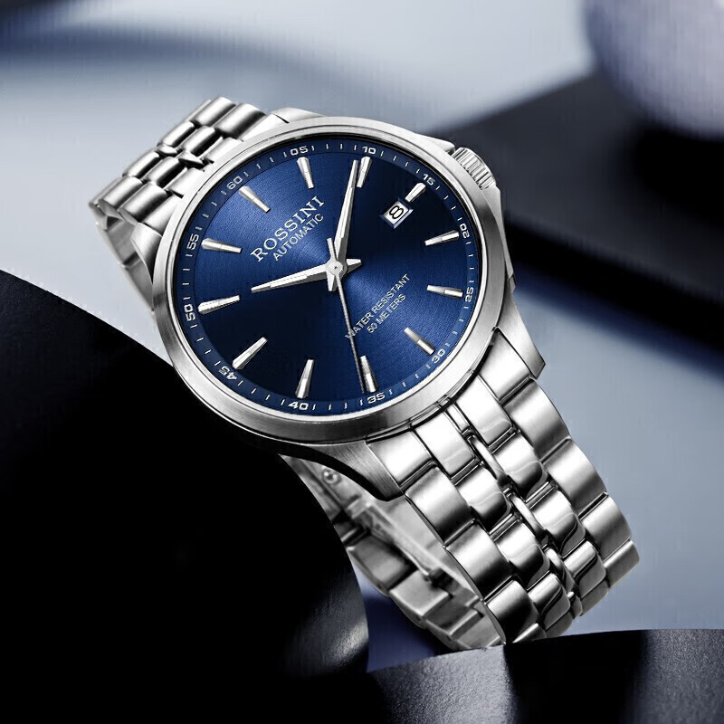 罗西尼(ROSSINI) 手表 启迪系列简约百搭自动机械男表日历夜光指针蓝盘钢带 赠20.5mm蓝色表带5200005W05B