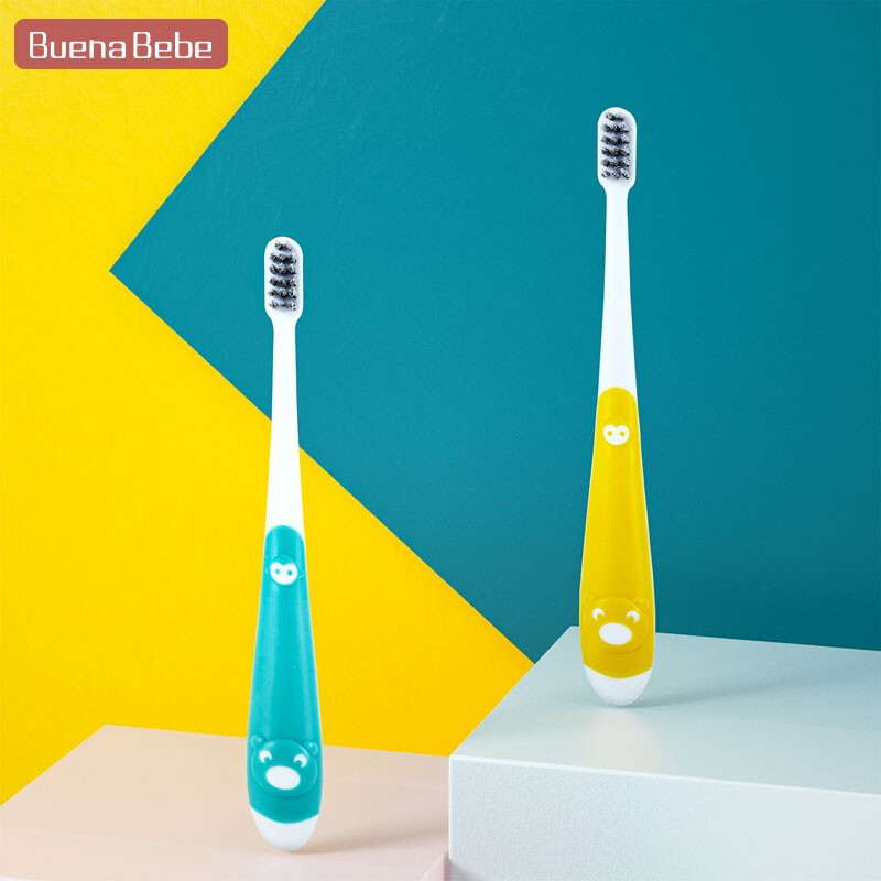 Buena bebe儿童牙刷 婴幼儿柔软细毛 口腔清洁2支装3-12岁 卡通螺旋牙刷 黄色+绿色
